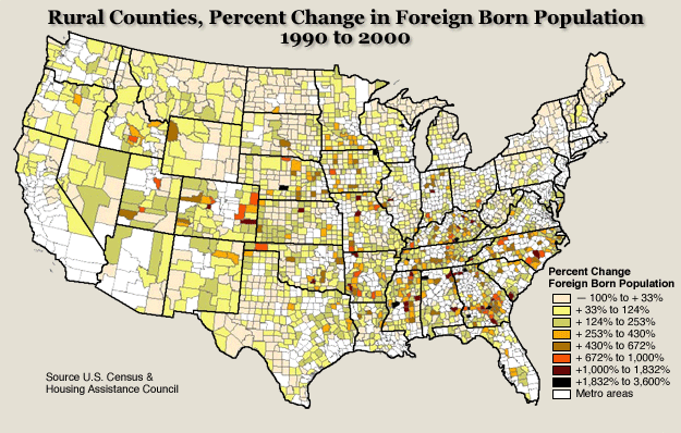 移民人口大量增加的县的地图